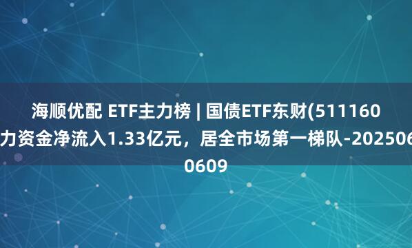 海顺优配 ETF主力榜 | 国债ETF东财(511160)主力资金净流入1.33亿元，居全市场第一梯队-20250609